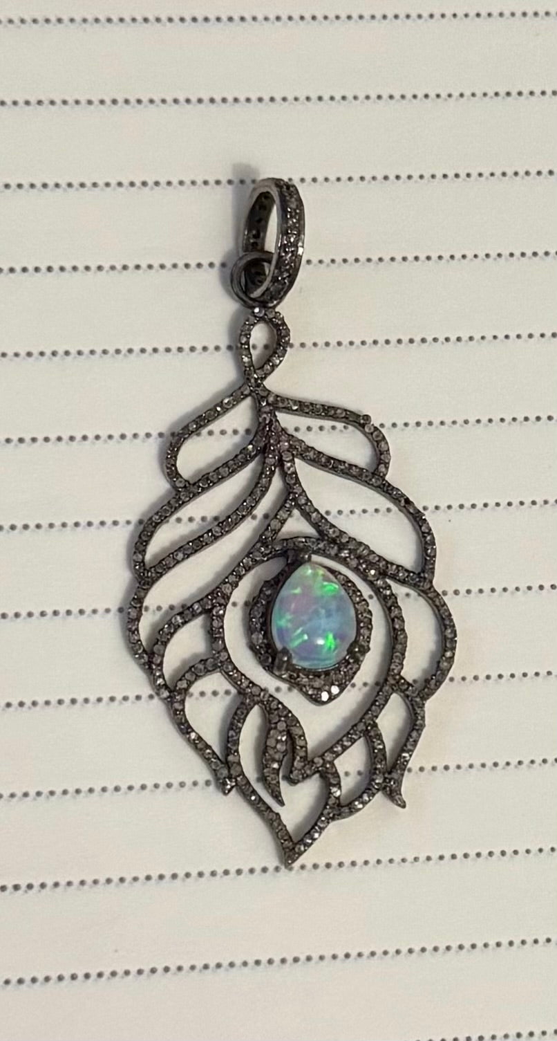 Sterling, Diamond & Opal Feather Pendant