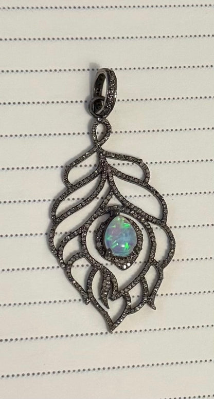 Sterling, Diamond & Opal Feather Pendant
