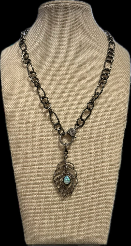 Sterling, Diamond & Opal Feather Pendant