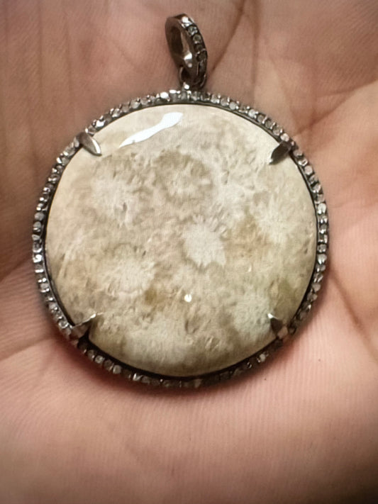 Coral Fossil & Diamond Pendant