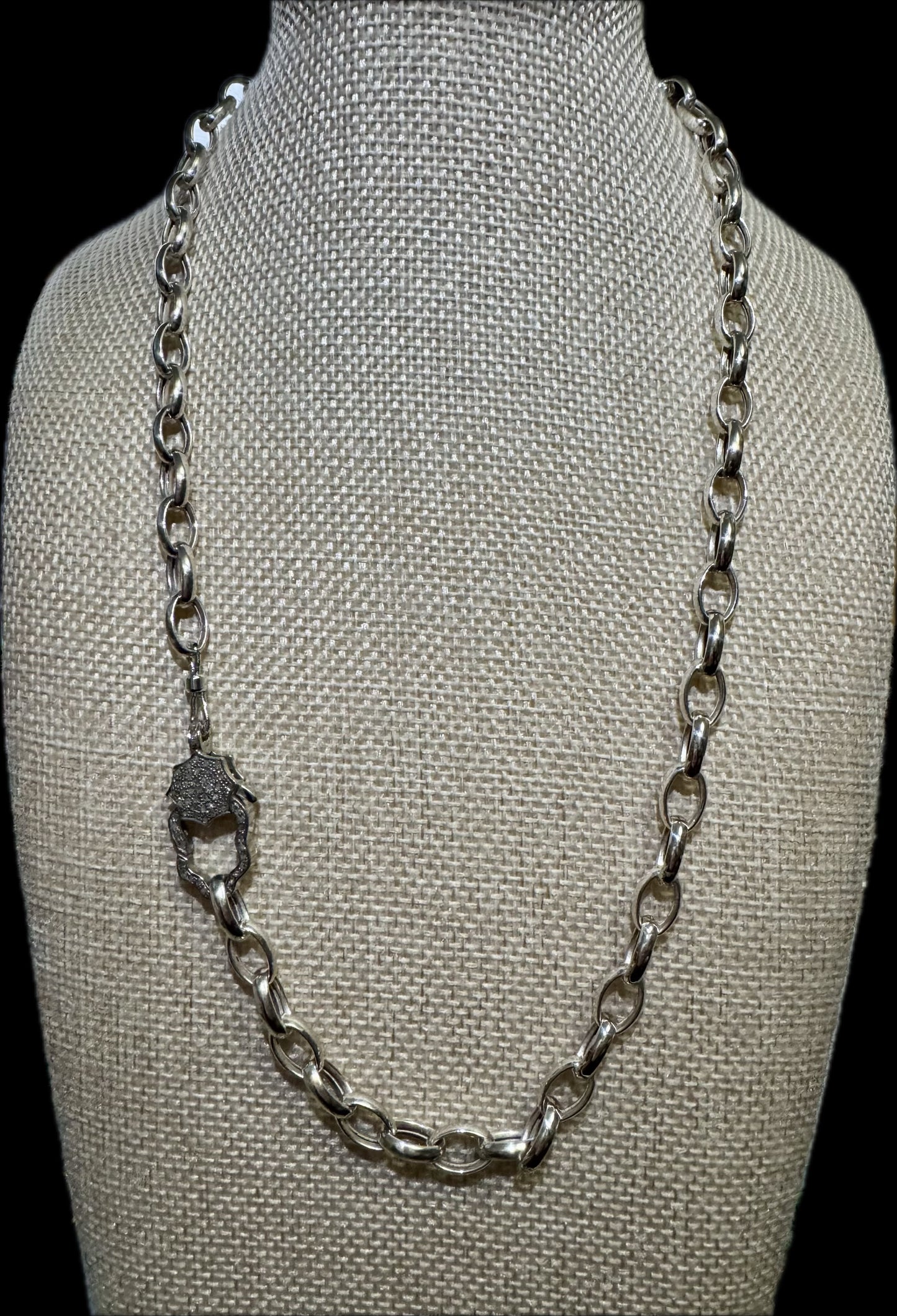 Sterling Silver Oval Necklace with Diamond Clasp