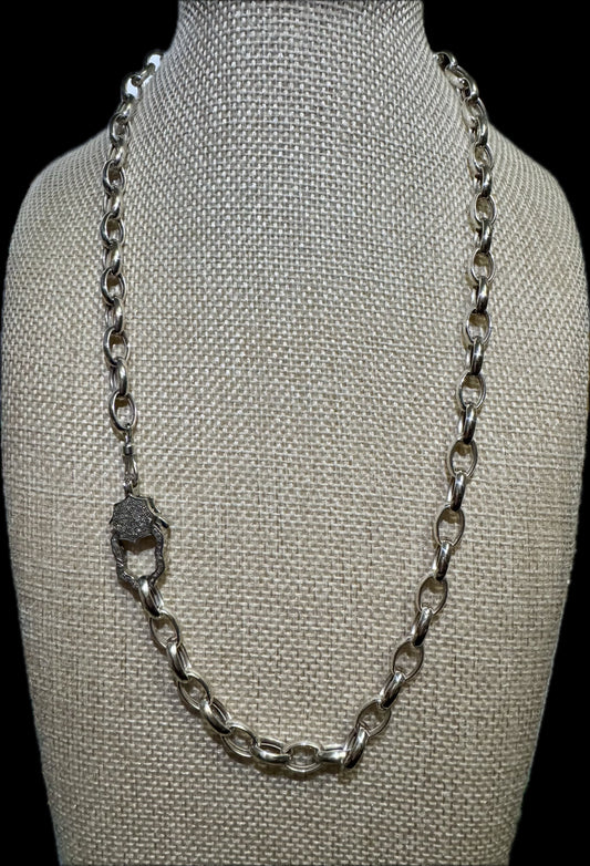 Sterling Silver Oval Necklace with Diamond Clasp